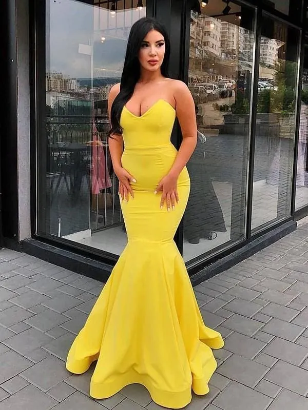A| Bridelily Mermaid Strapless Sweetheart Sweep Train Satin Dresses