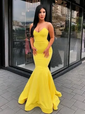 A| Bridelily Mermaid Strapless Sweetheart Sweep Train Satin Dresses