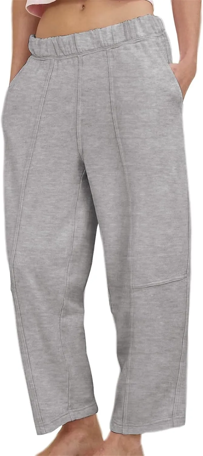 Ainangua Womens Baggy Barrel Wide Leg Sweatpants Casual Mid Rise Elastic Waisted Palazzo Harem Pants with Pockets