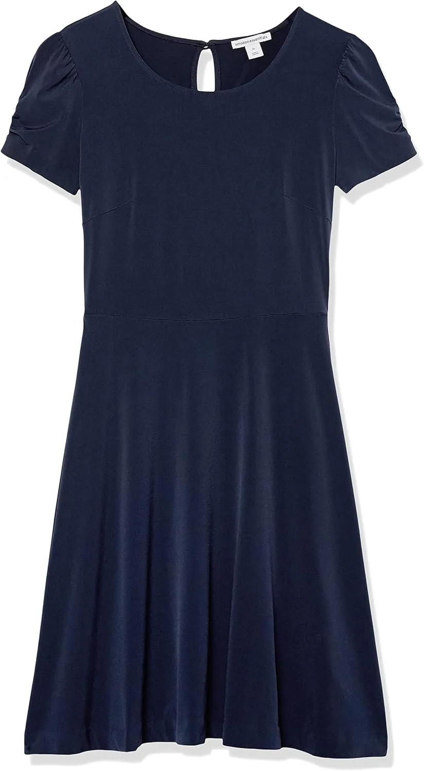 Amazon Essentials Women's Gathered Short Sleeve Crew Neck A-line Dress (Available in Plus Size)