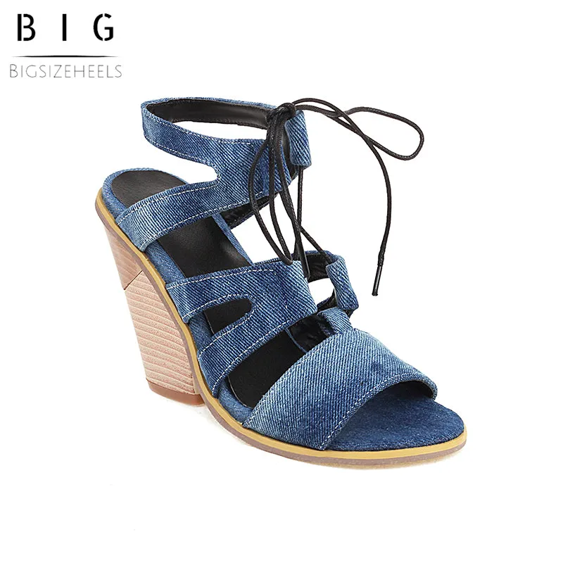Bigsizeheels Fish Mouth Lace Up Chunky Heel Sandals - Blue
