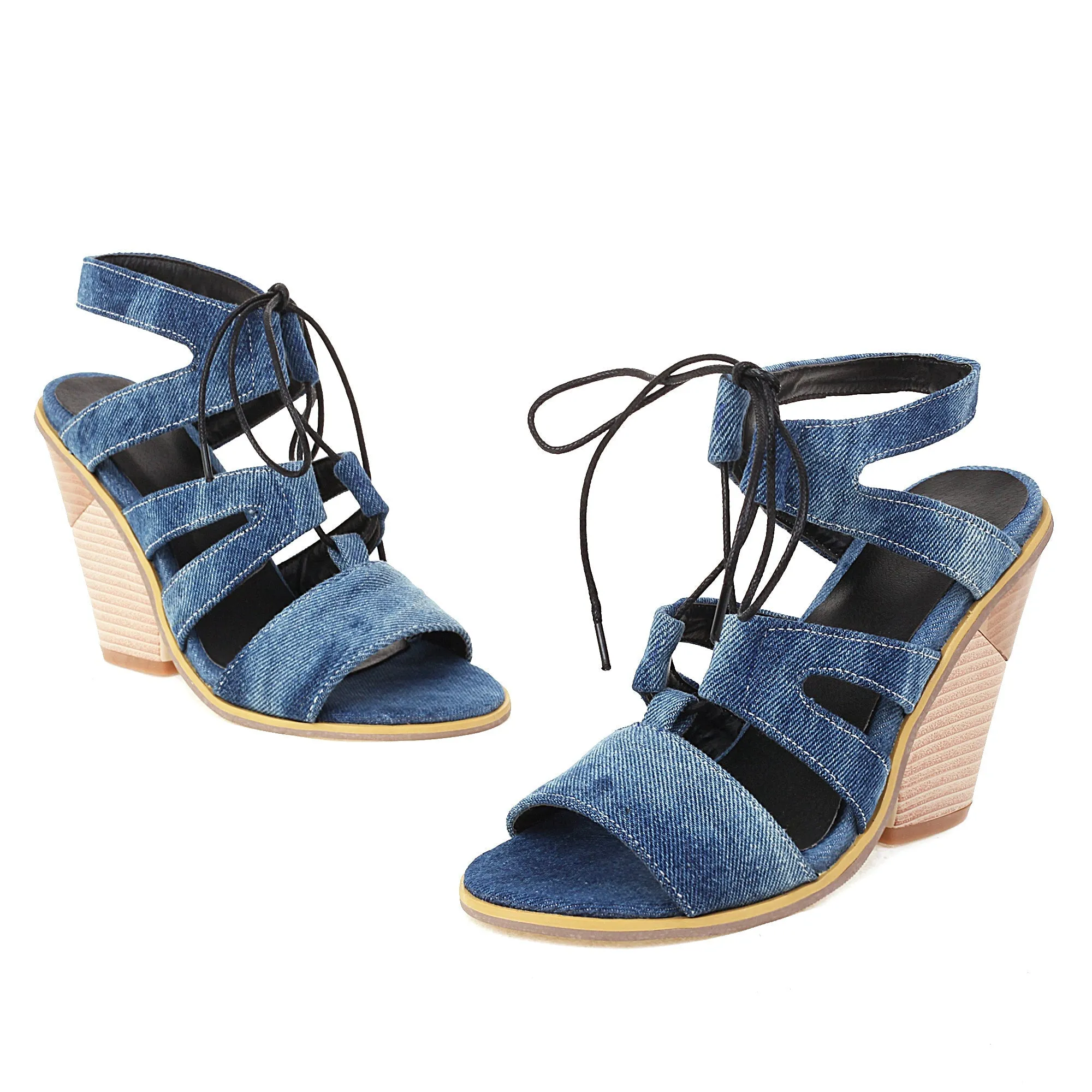 Bigsizeheels Fish Mouth Lace Up Chunky Heel Sandals - Blue