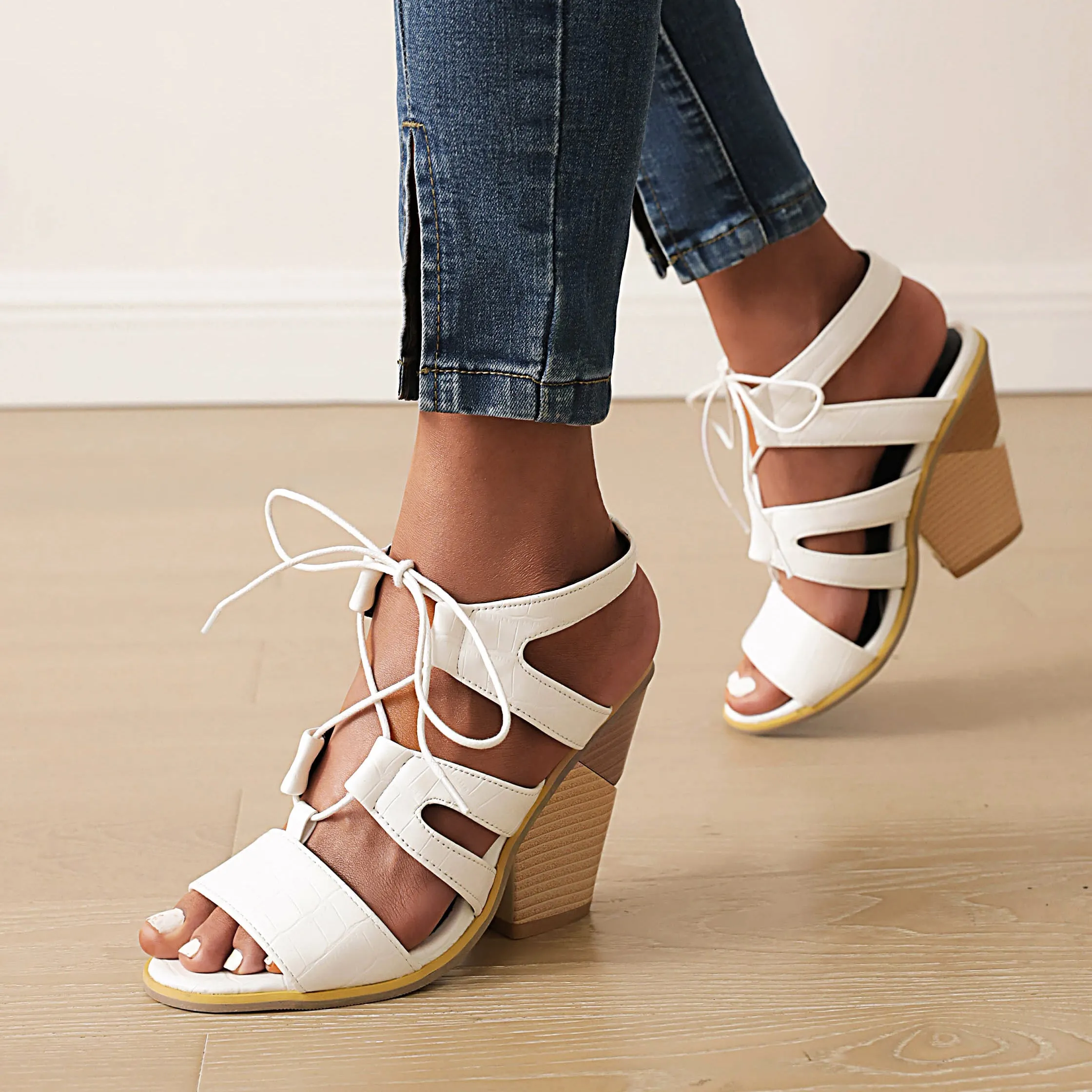Bigsizeheels Fish Mouth Lace Up Chunky Heel Sandals - White