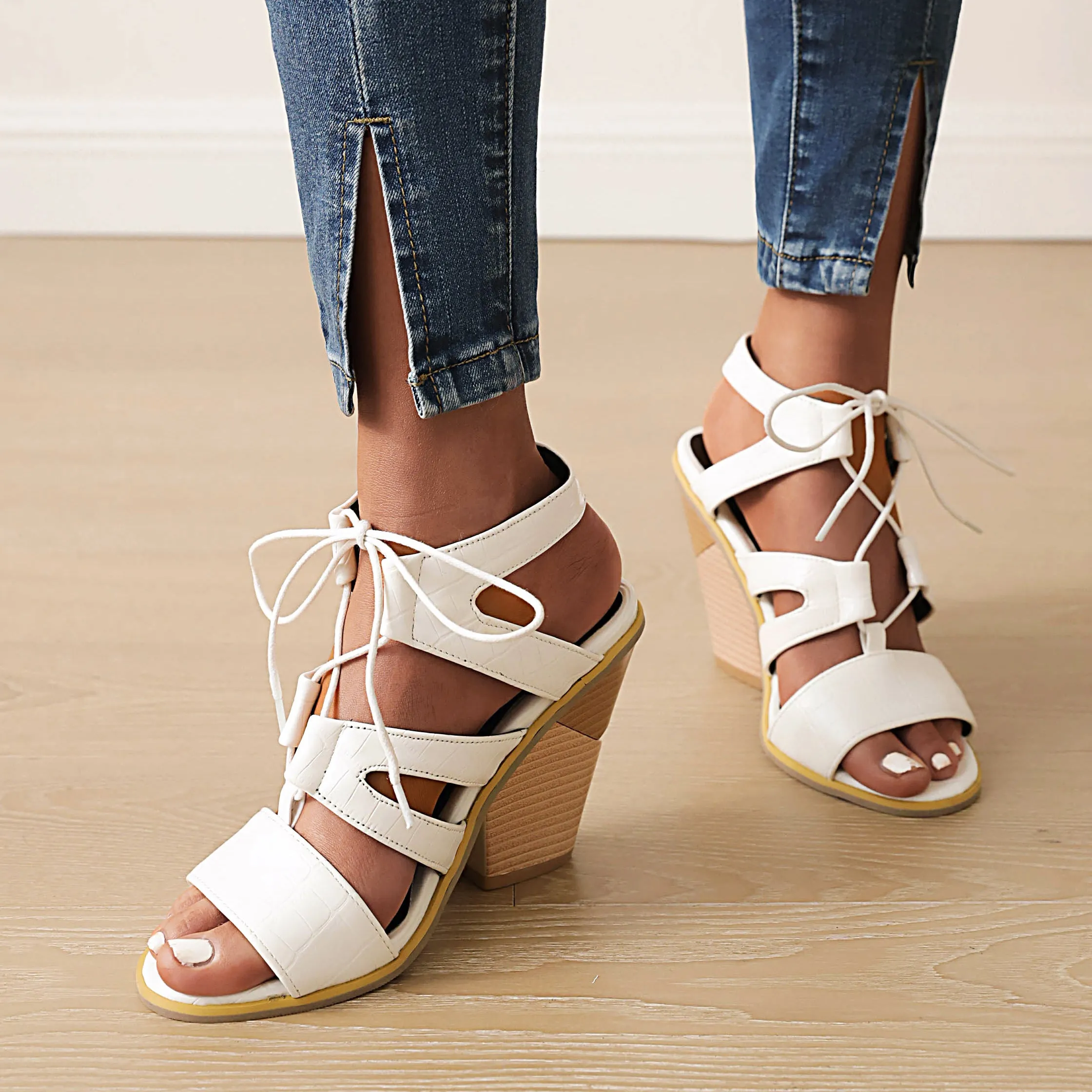 Bigsizeheels Fish Mouth Lace Up Chunky Heel Sandals - White