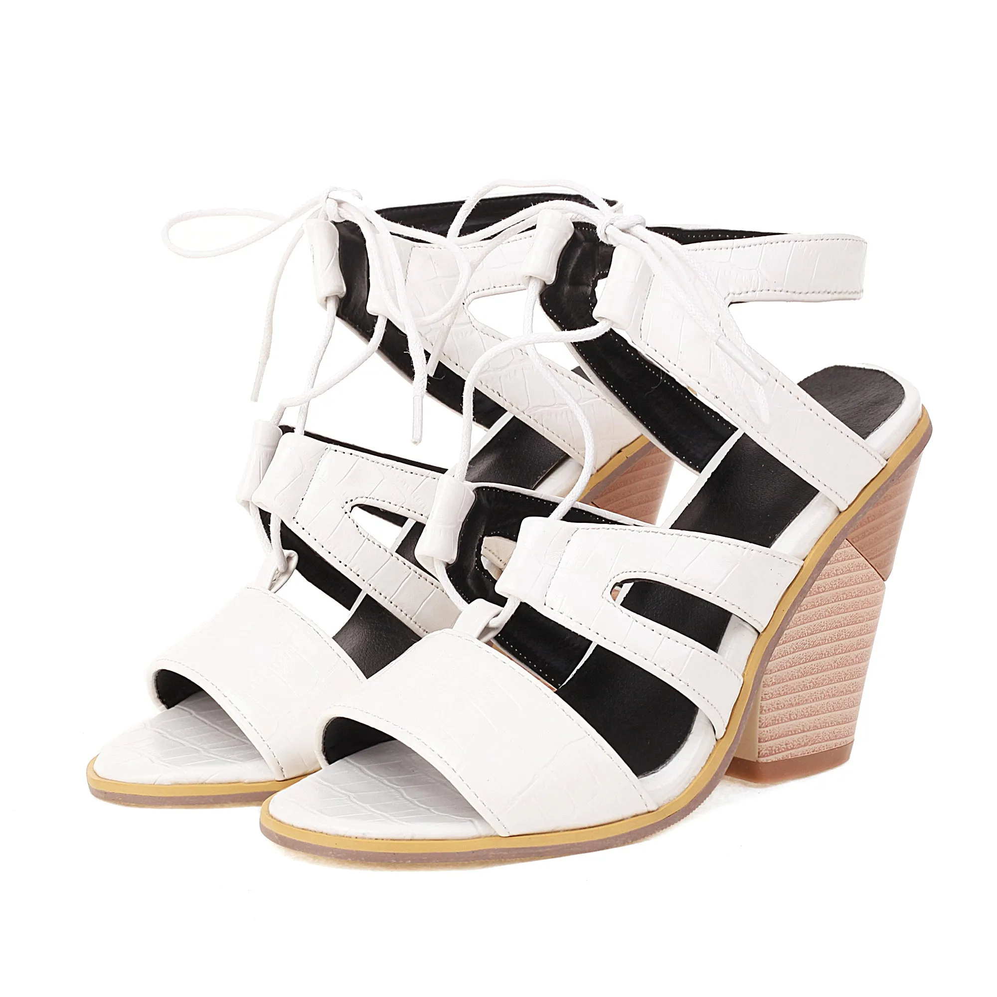 Bigsizeheels Fish Mouth Lace Up Chunky Heel Sandals - White