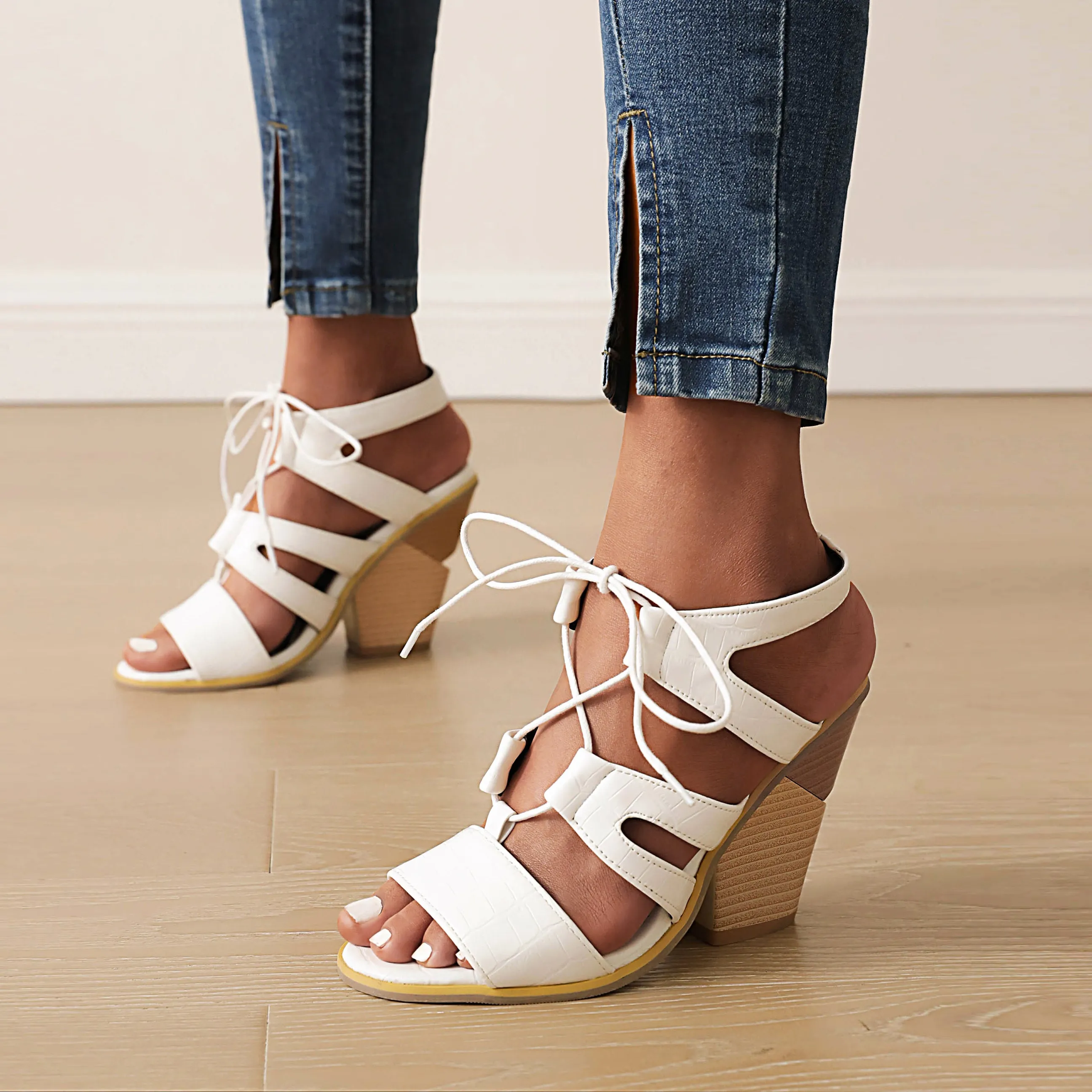 Bigsizeheels Fish Mouth Lace Up Chunky Heel Sandals - White