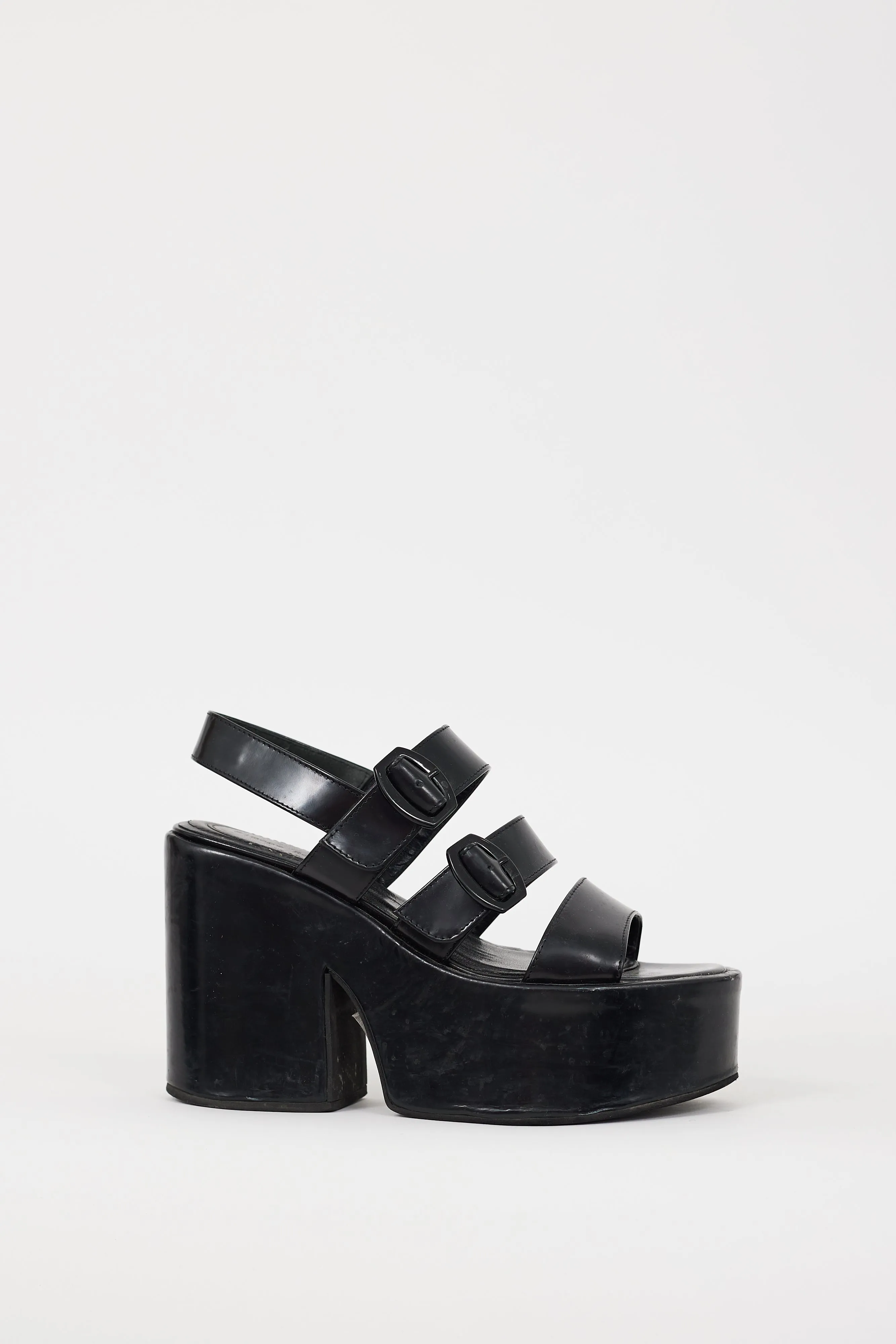 Black Leather Cross Strap Platform Sandal