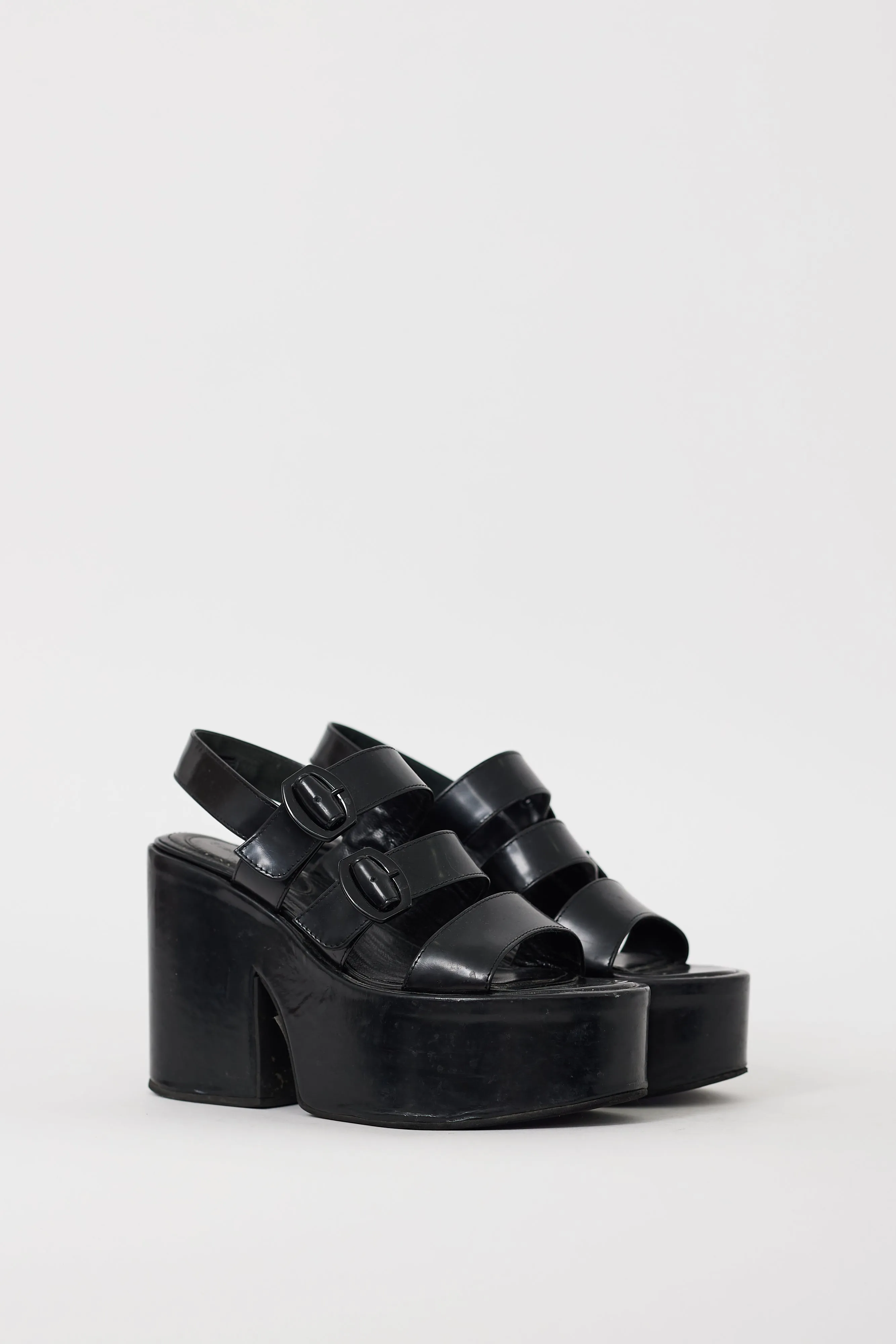 Black Leather Cross Strap Platform Sandal