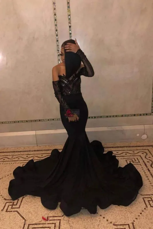 Black Long Sleeves Floor Length Mermaid Dresses
