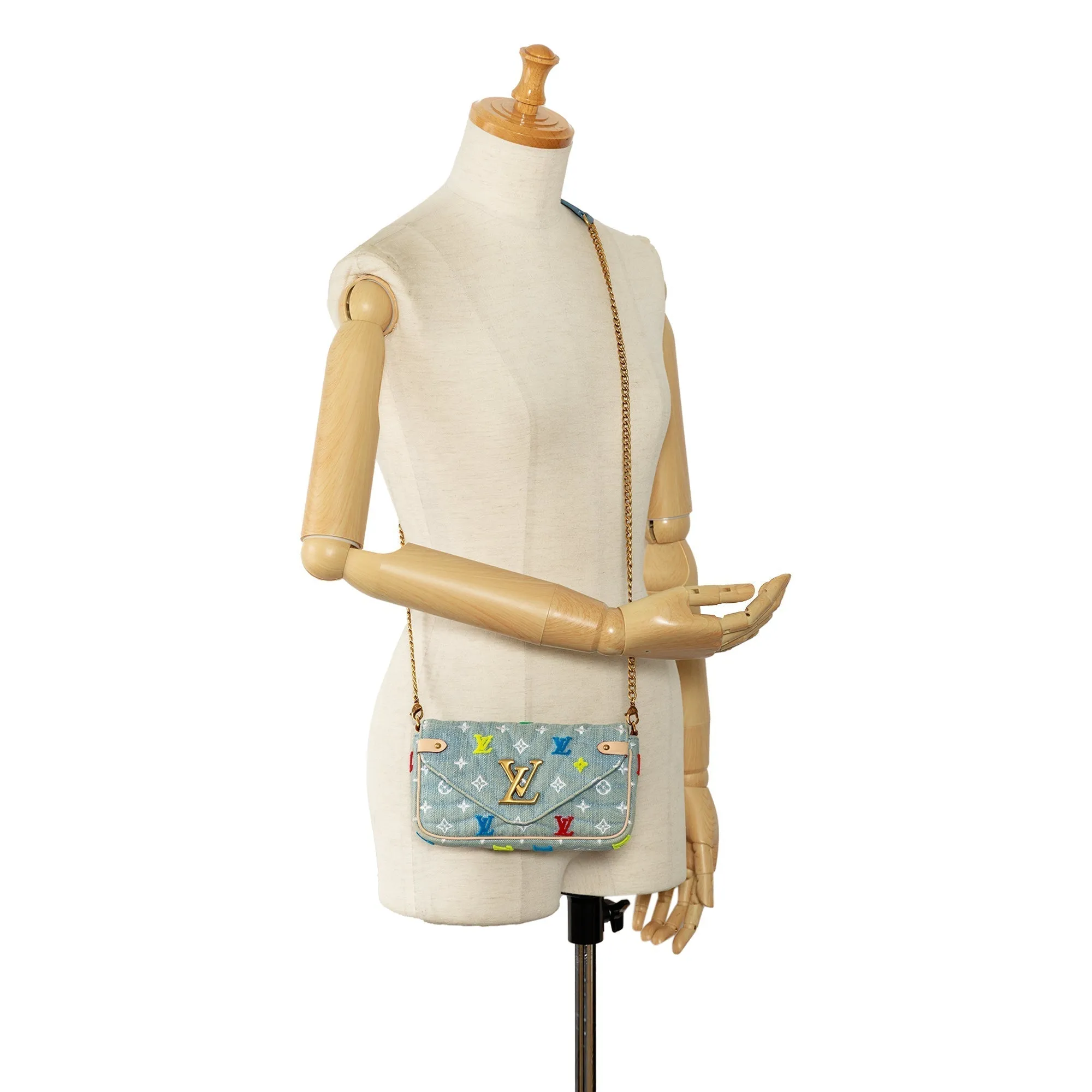 Blue Louis Vuitton Embroidered Monogram Denim New Wave Chain Pochette Crossbody Bag