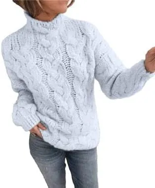 Chunky Sweaters for Women, Trendy Fall Long Sleeves Cable Knit Tops Casual Oversized Pullover High Neck Drop Shoulder Sweater