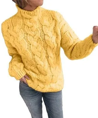 Chunky Sweaters for Women, Trendy Fall Long Sleeves Cable Knit Tops Casual Oversized Pullover High Neck Drop Shoulder Sweater
