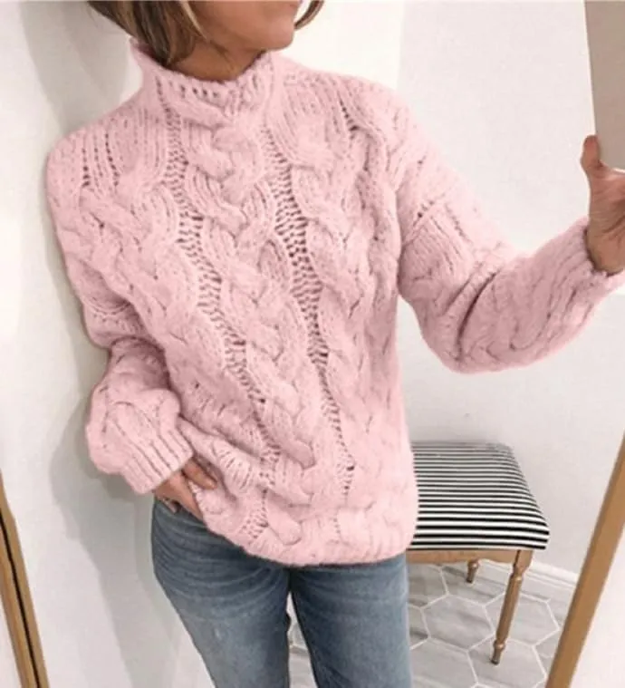 Chunky Sweaters for Women, Trendy Fall Long Sleeves Cable Knit Tops Casual Oversized Pullover High Neck Drop Shoulder Sweater