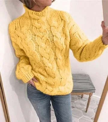Chunky Sweaters for Women, Trendy Fall Long Sleeves Cable Knit Tops Casual Oversized Pullover High Neck Drop Shoulder Sweater
