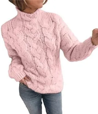 Chunky Sweaters for Women, Trendy Fall Long Sleeves Cable Knit Tops Casual Oversized Pullover High Neck Drop Shoulder Sweater