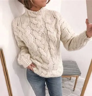 Chunky Sweaters for Women, Trendy Fall Long Sleeves Cable Knit Tops Casual Oversized Pullover High Neck Drop Shoulder Sweater