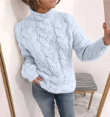 Chunky Sweaters for Women, Trendy Fall Long Sleeves Cable Knit Tops Casual Oversized Pullover High Neck Drop Shoulder Sweater