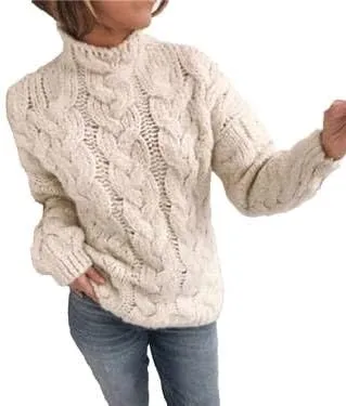 Chunky Sweaters for Women, Trendy Fall Long Sleeves Cable Knit Tops Casual Oversized Pullover High Neck Drop Shoulder Sweater