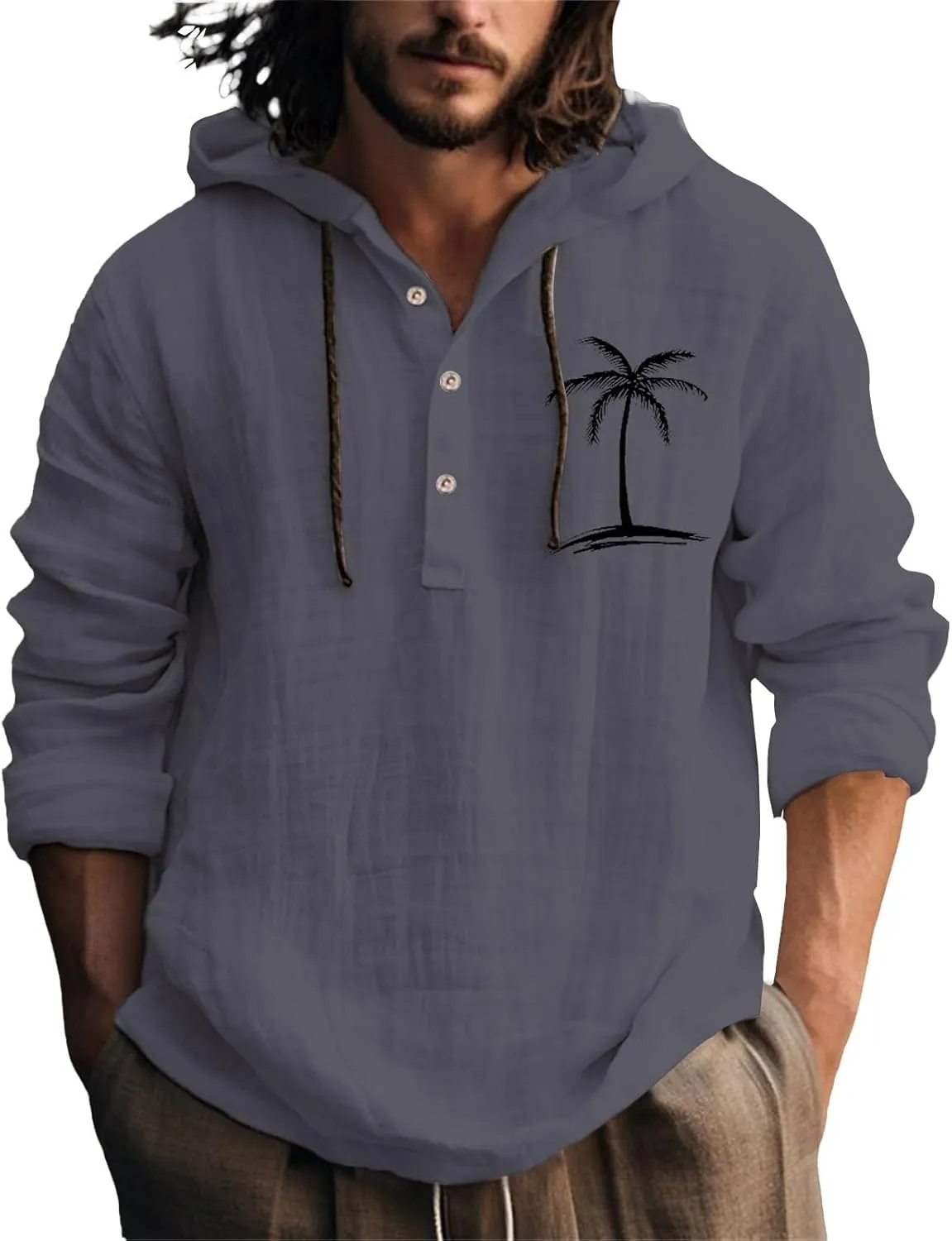 Cotton Linen Shirts for Men Trendy Tropical Beach Palm Print Cuban Guayabera Shirt Retro Long Sleeve Summer Tops