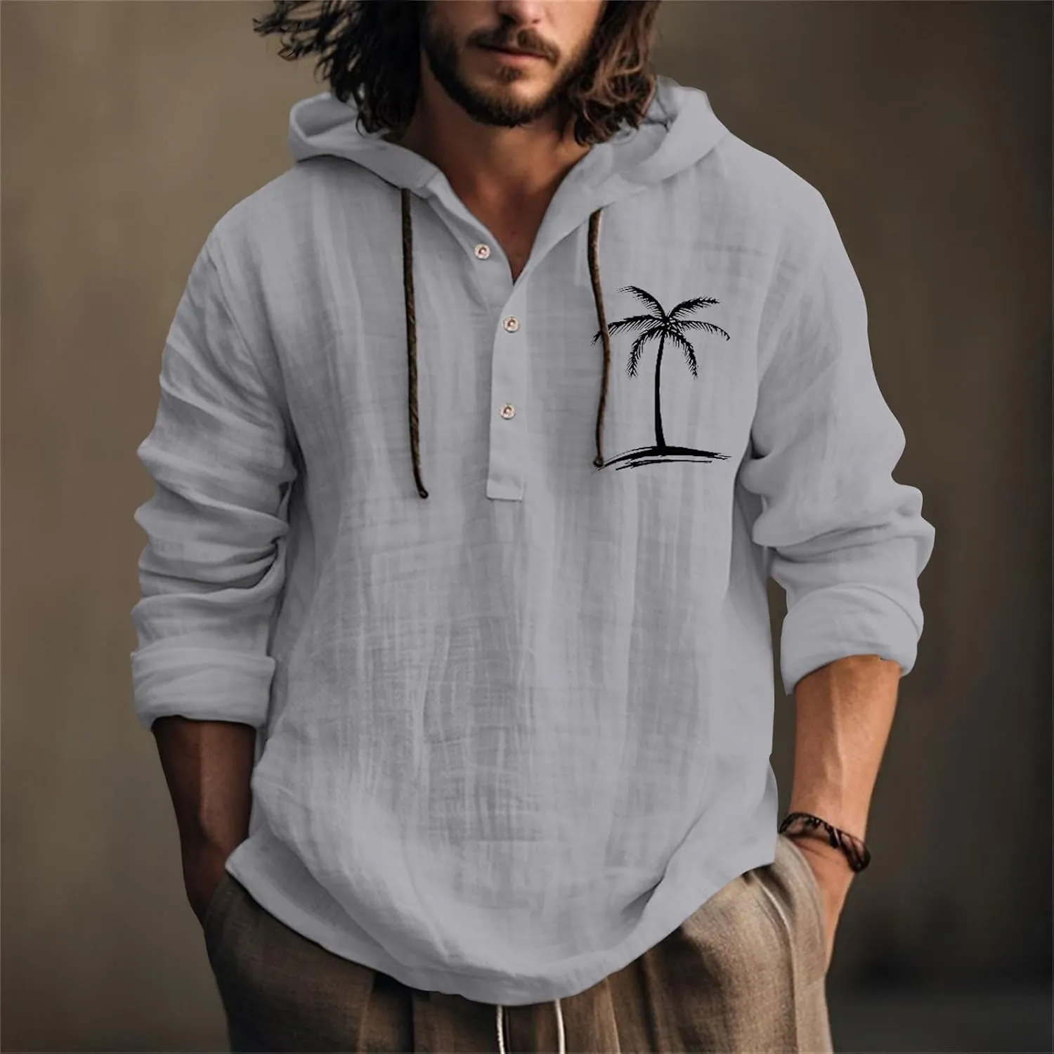Cotton Linen Shirts for Men Trendy Tropical Beach Palm Print Cuban Guayabera Shirt Retro Long Sleeve Summer Tops