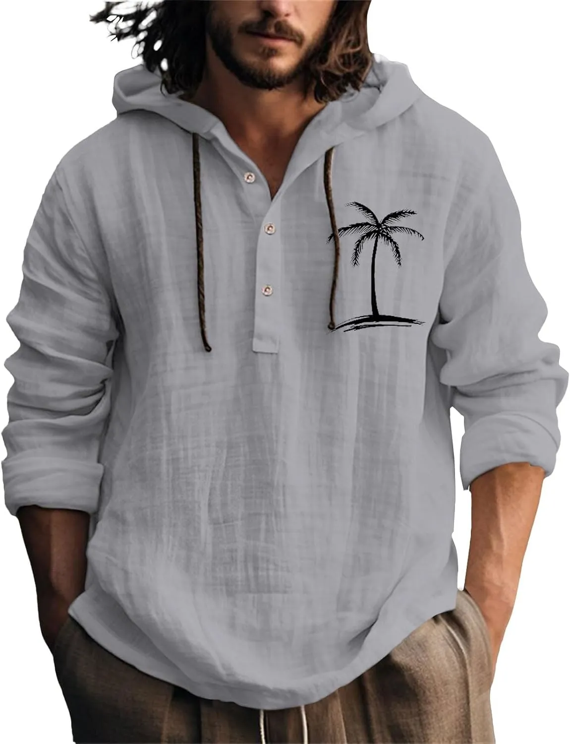 Cotton Linen Shirts for Men Trendy Tropical Beach Palm Print Cuban Guayabera Shirt Retro Long Sleeve Summer Tops