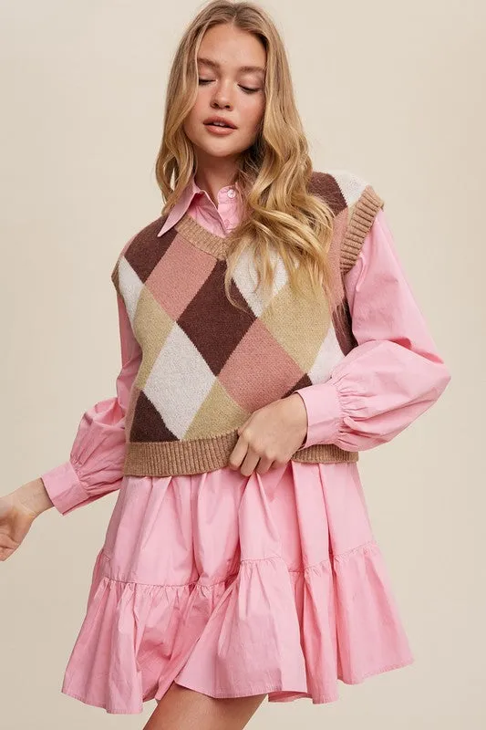 Geometric Argyle Cropped Knit Fashion Top Sweater Vest