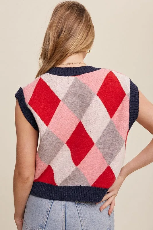 Geometric Argyle Cropped Knit Fashion Top Sweater Vest