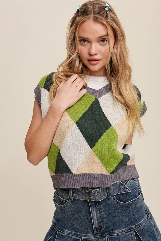 Geometric Argyle Cropped Knit Fashion Top Sweater Vest