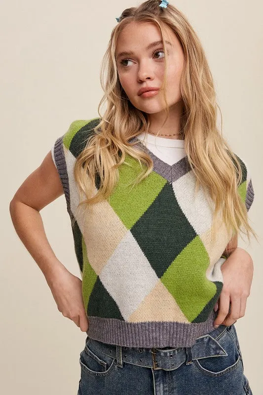 Geometric Argyle Cropped Knit Fashion Top Sweater Vest