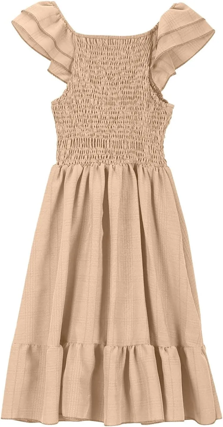 Girls Summer Dresses Cute Ruffle Sleeve Smocked Flowy Kids Spring Dress Party Sundresses 3-12 Years