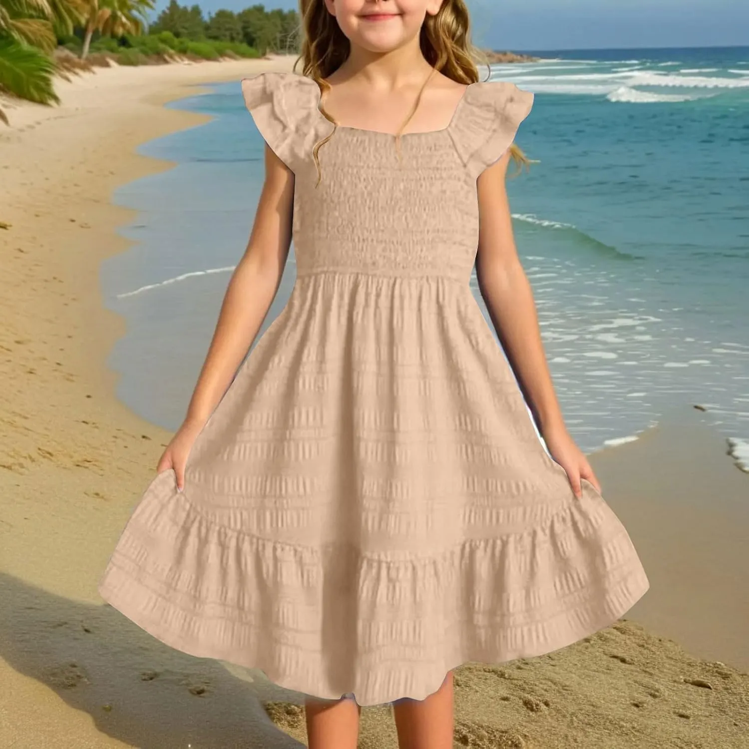 Girls Summer Dresses Cute Ruffle Sleeve Smocked Flowy Kids Spring Dress Party Sundresses 3-12 Years