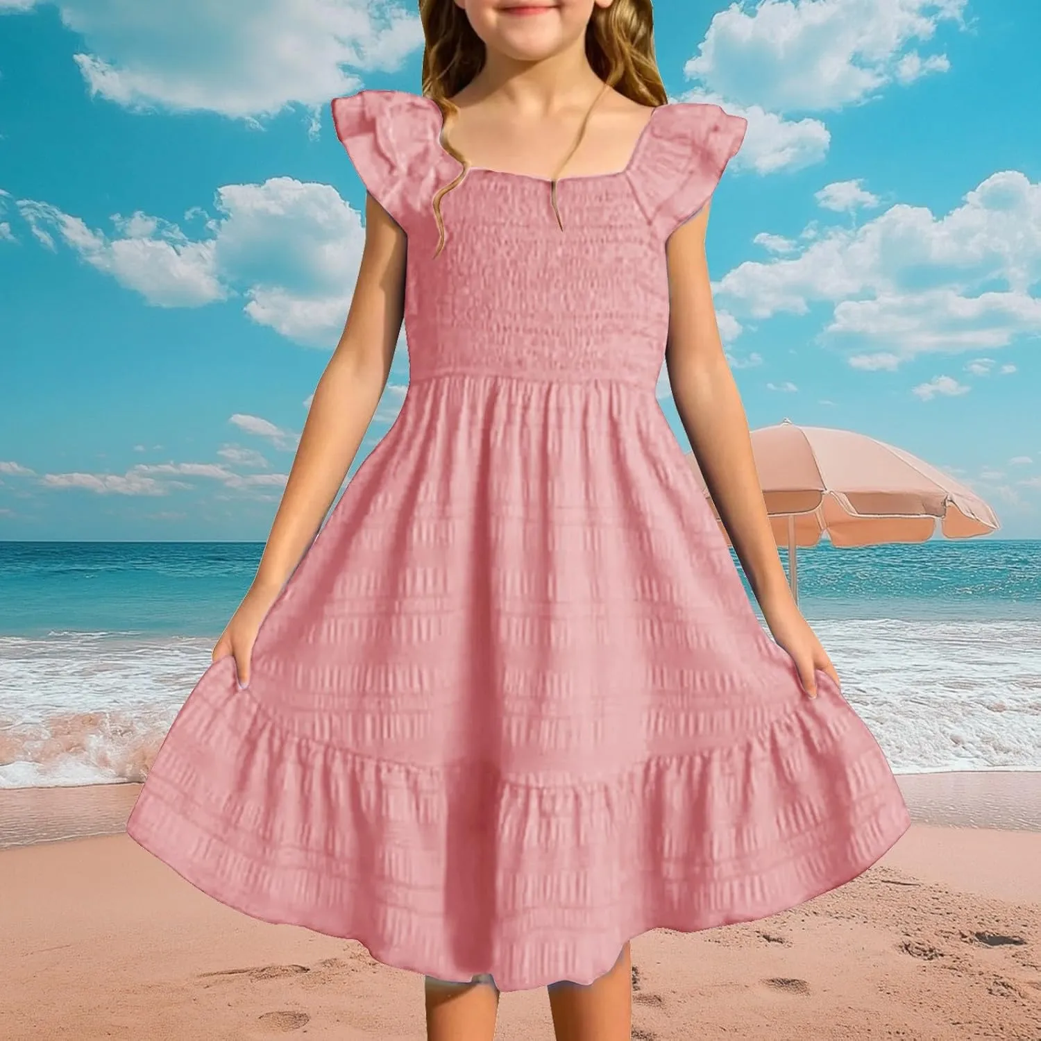 Girls Summer Dresses Cute Ruffle Sleeve Smocked Flowy Kids Spring Dress Party Sundresses 3-12 Years