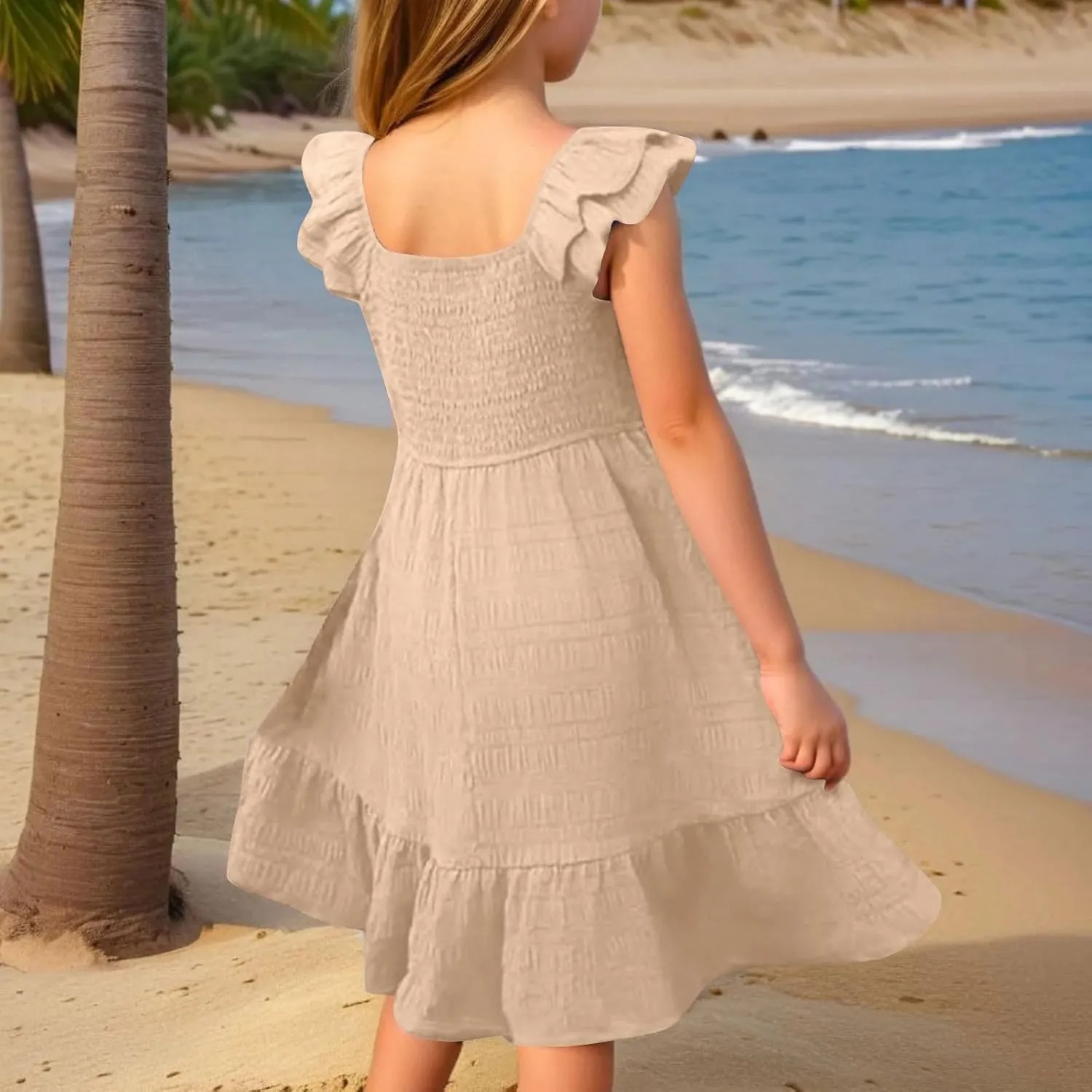 Girls Summer Dresses Cute Ruffle Sleeve Smocked Flowy Kids Spring Dress Party Sundresses 3-12 Years