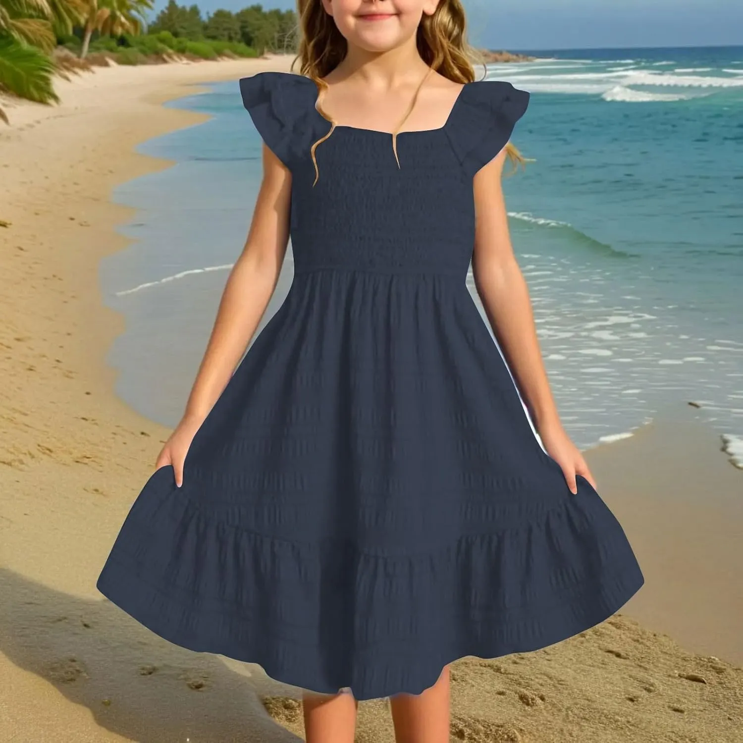 Girls Summer Dresses Cute Ruffle Sleeve Smocked Flowy Kids Spring Dress Party Sundresses 3-12 Years