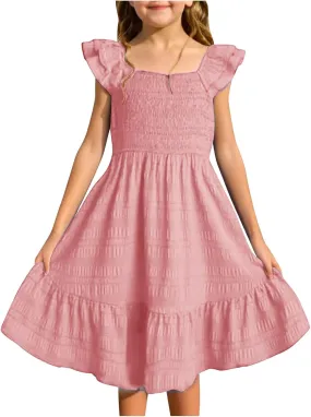 Girls Summer Dresses Cute Ruffle Sleeve Smocked Flowy Kids Spring Dress Party Sundresses 3-12 Years