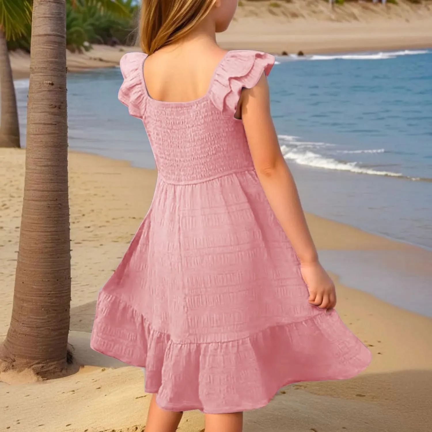 Girls Summer Dresses Cute Ruffle Sleeve Smocked Flowy Kids Spring Dress Party Sundresses 3-12 Years