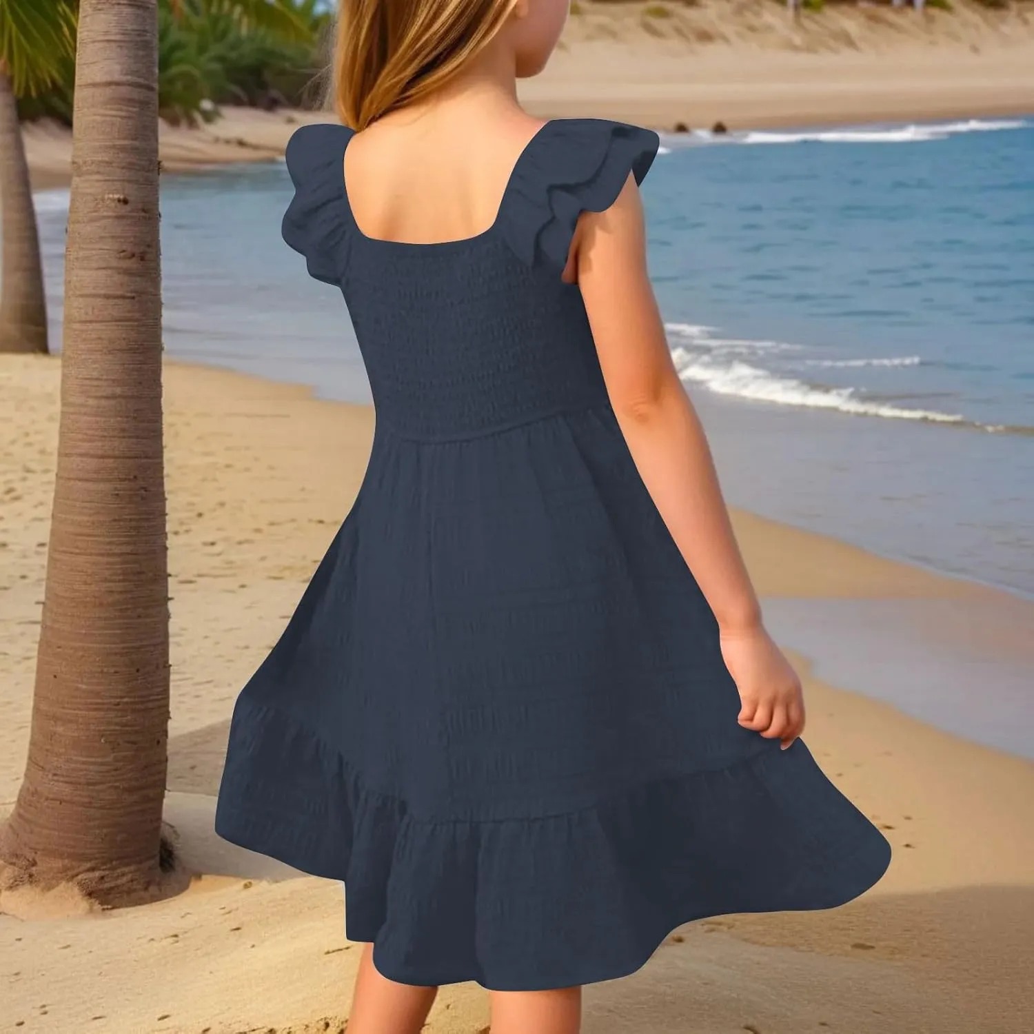 Girls Summer Dresses Cute Ruffle Sleeve Smocked Flowy Kids Spring Dress Party Sundresses 3-12 Years