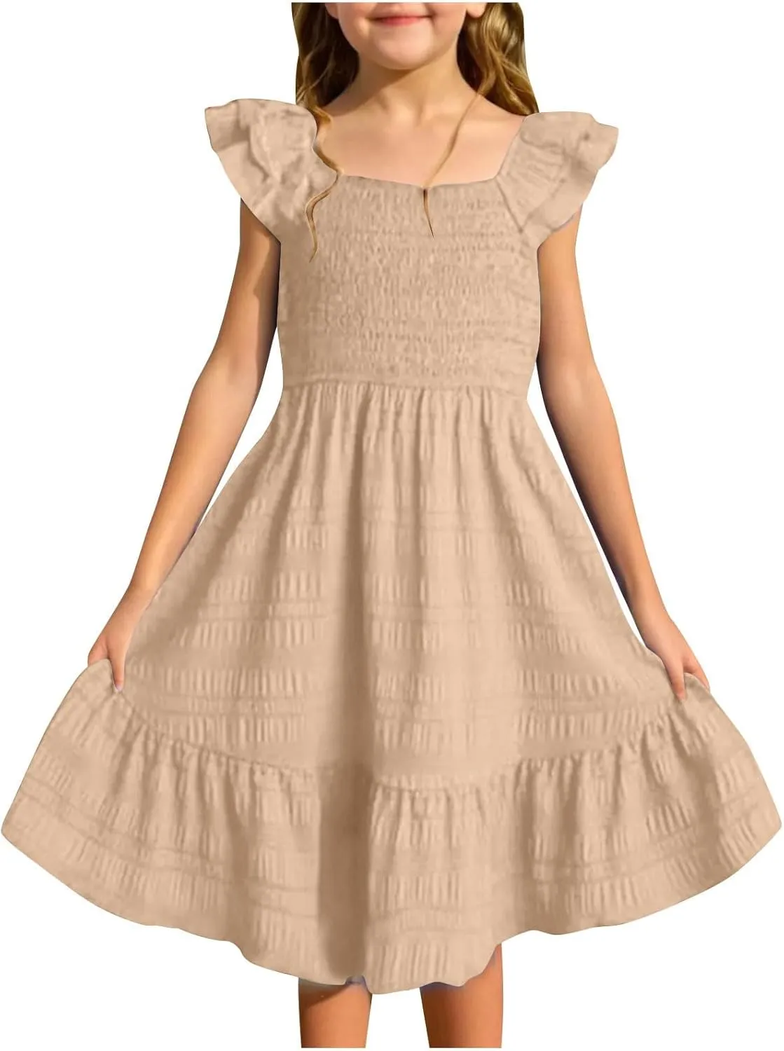 Girls Summer Dresses Cute Ruffle Sleeve Smocked Flowy Kids Spring Dress Party Sundresses 3-12 Years