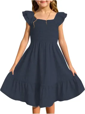 Girls Summer Dresses Cute Ruffle Sleeve Smocked Flowy Kids Spring Dress Party Sundresses 3-12 Years