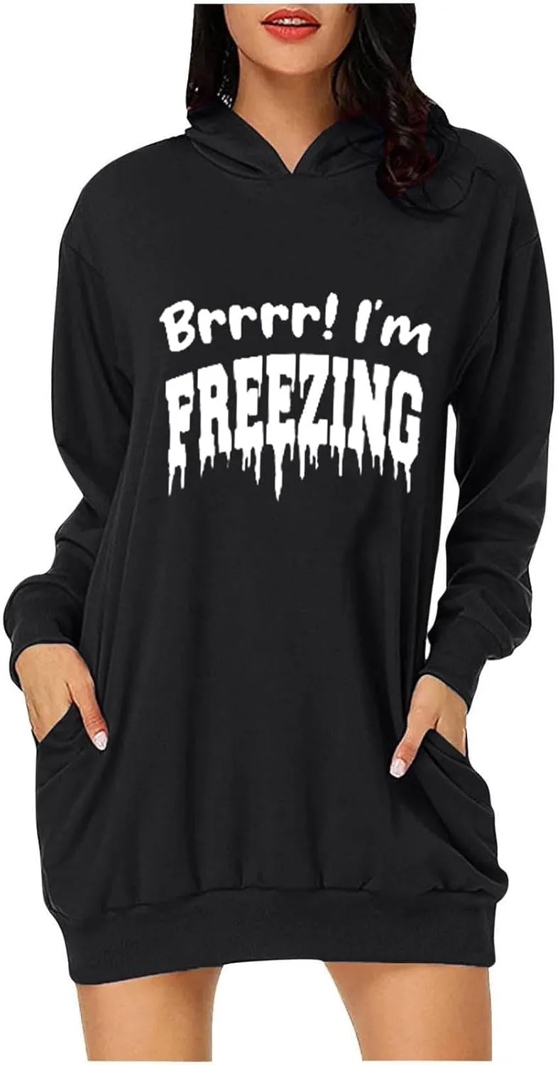 Hoodies Dress for Women Oversized Long Sleeve Dress Fashion Leisure Printing Sweatshirt Dress with Kangaroo Pocket