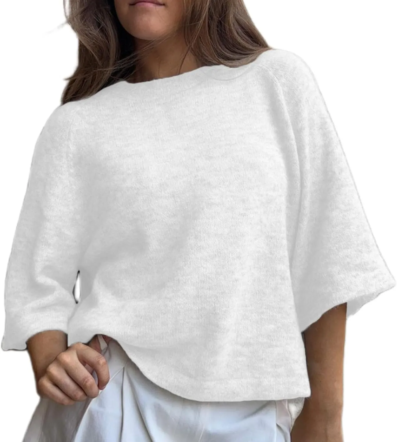 ICNGLKSND Women Half Sleeve Oversized Sweater Basic Furry Knit Shirt Boxy Cashmere Tees Fall Chunky Going Out Streetwear