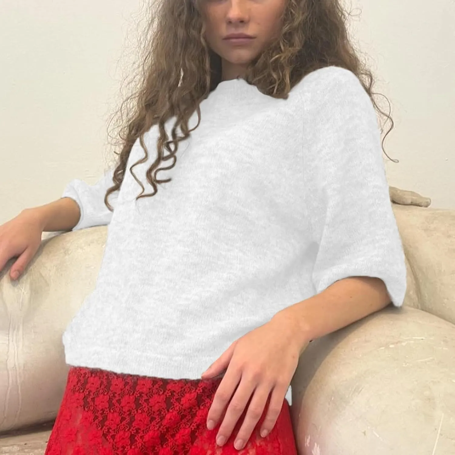 ICNGLKSND Women Half Sleeve Oversized Sweater Basic Furry Knit Shirt Boxy Cashmere Tees Fall Chunky Going Out Streetwear