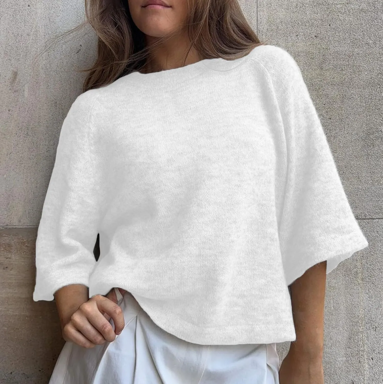 ICNGLKSND Women Half Sleeve Oversized Sweater Basic Furry Knit Shirt Boxy Cashmere Tees Fall Chunky Going Out Streetwear