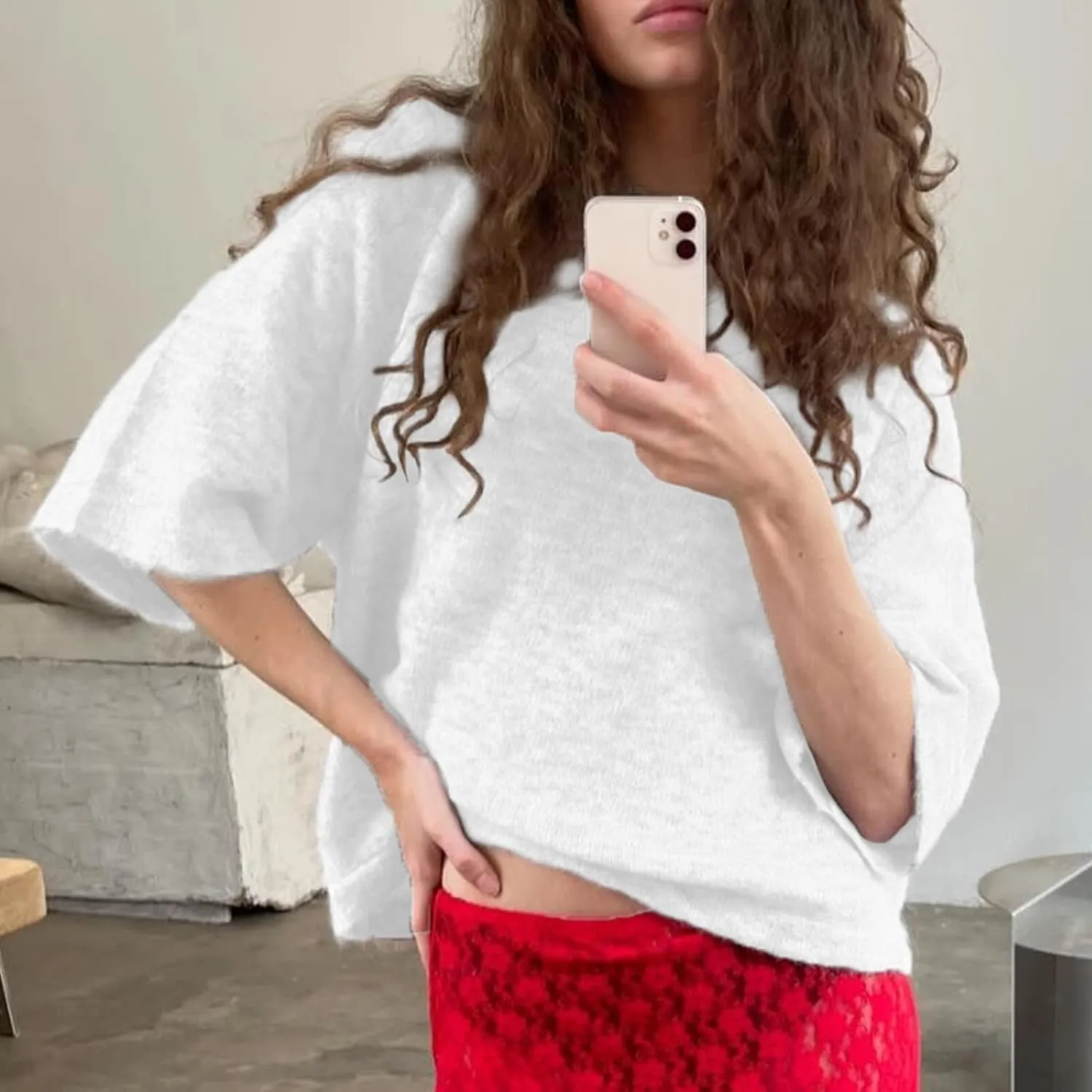 ICNGLKSND Women Half Sleeve Oversized Sweater Basic Furry Knit Shirt Boxy Cashmere Tees Fall Chunky Going Out Streetwear