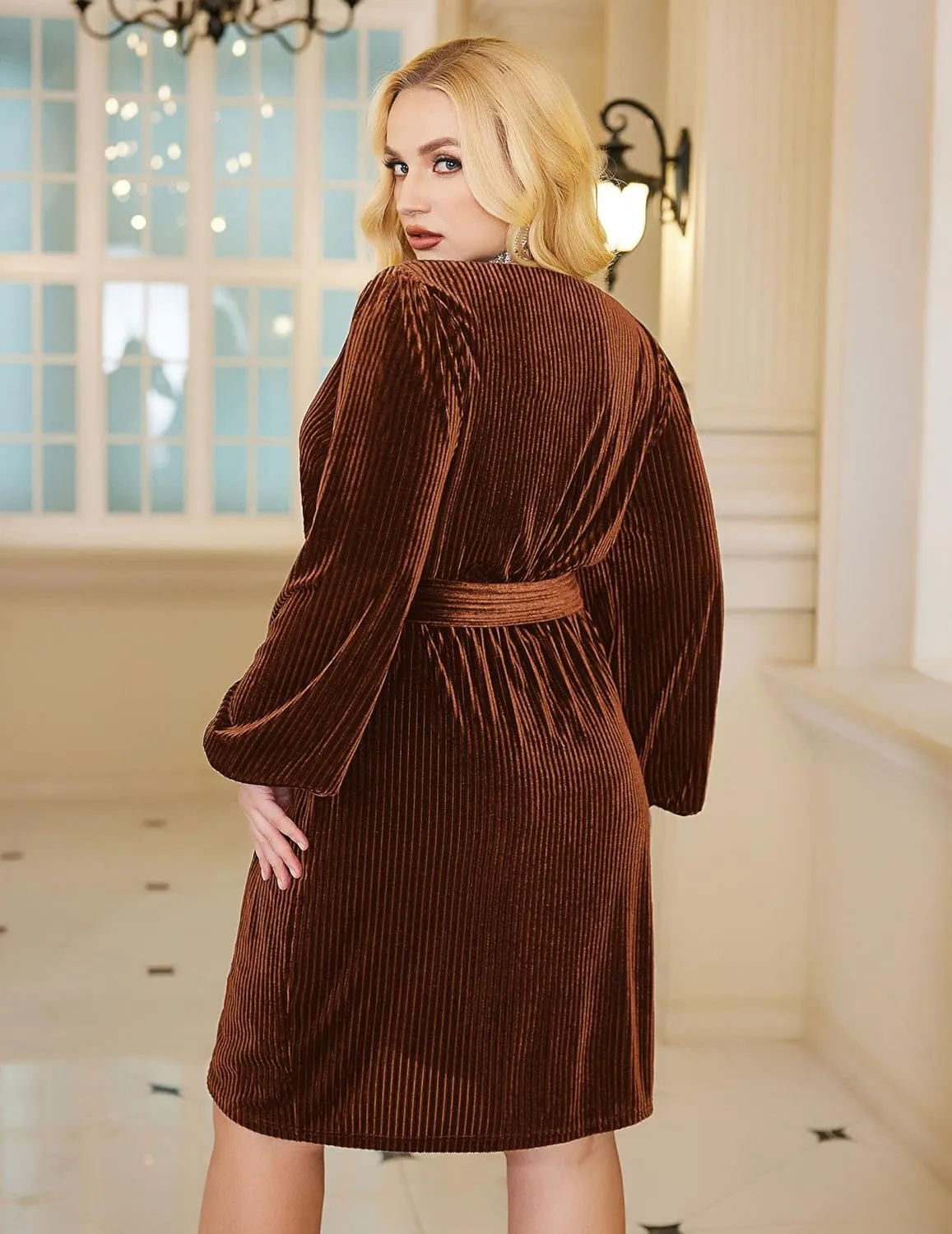 IN'VOLAND Womens Plus Size Long Sleeve Wrap Semi Formal Velvet Mini Dress Sexy V Neck Cocktail Party Midi Dress