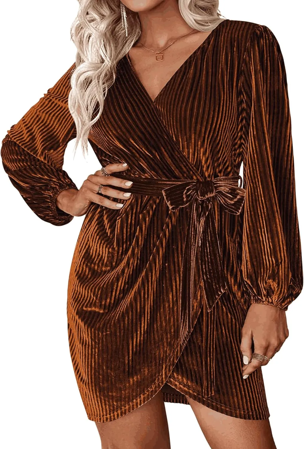 IN'VOLAND Womens Plus Size Long Sleeve Wrap Semi Formal Velvet Mini Dress Sexy V Neck Cocktail Party Midi Dress
