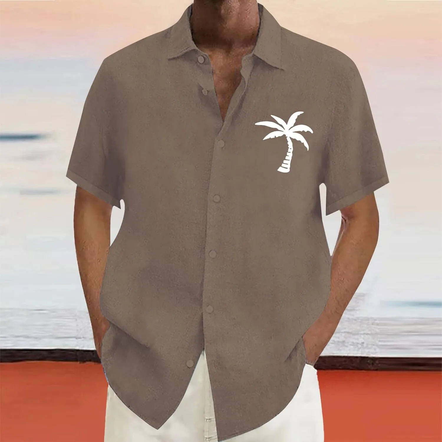 Linen Button Down Shirts Mens Summer Palm Print Short Sleeve Tropical Beach Tops Lightweight Quick Dry Hawaiian Shirt