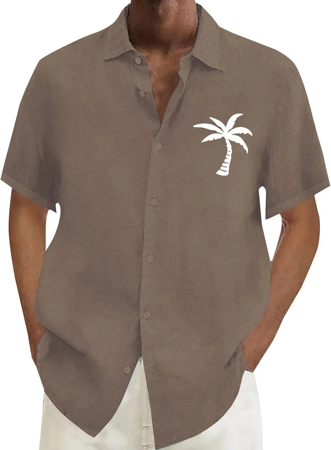 Linen Button Down Shirts Mens Summer Palm Print Short Sleeve Tropical Beach Tops Lightweight Quick Dry Hawaiian Shirt