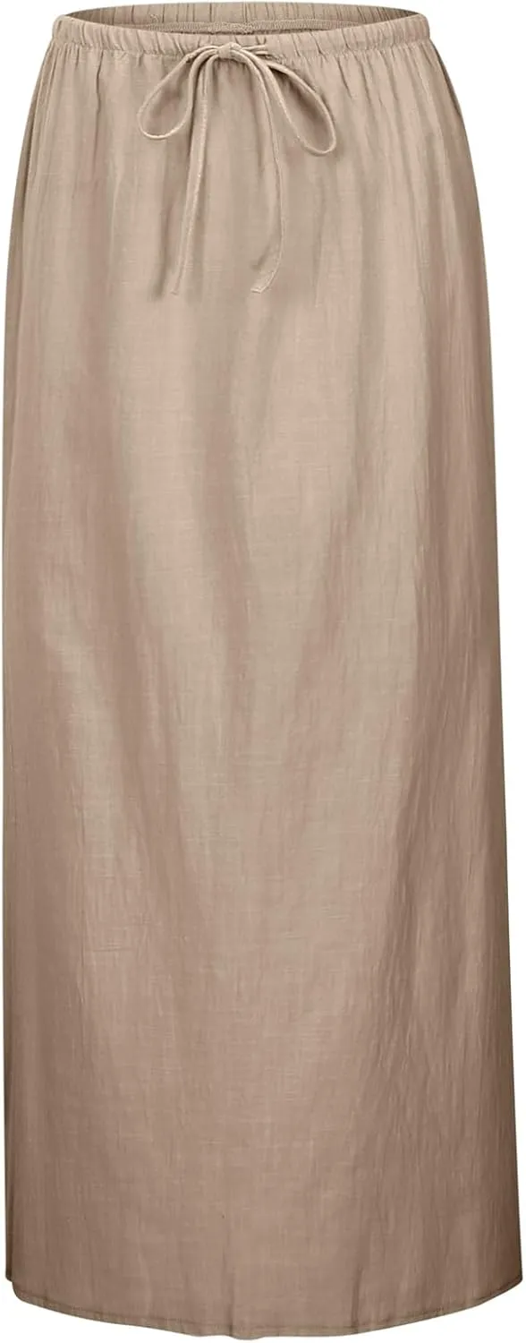 Linen Maxi Skirts for Women Trendy Summer Comfy Drawstring A Line Skirts Casual Beach Vacation Boho Flowy Long Skirts