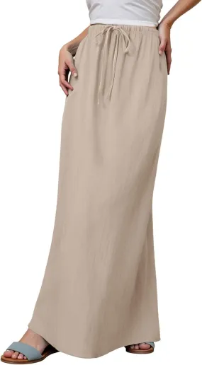 Linen Maxi Skirts for Women Trendy Summer Comfy Drawstring A Line Skirts Casual Beach Vacation Boho Flowy Long Skirts
